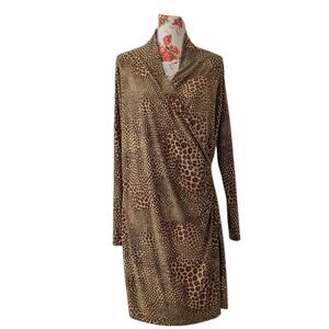 Norma Kamali Sz XL Cheetah Print Wrap Dress Long Sleeve V Neck Mob Wife Sexy EUC